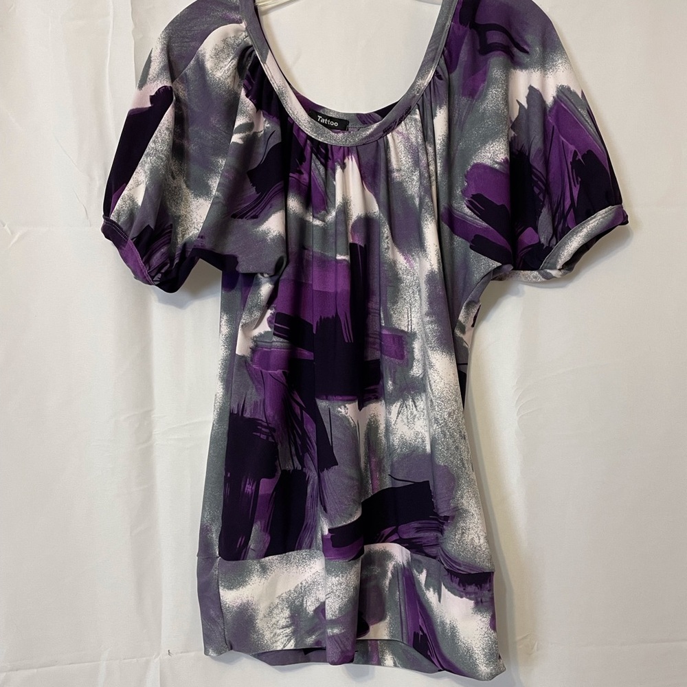 Tattoo Puff Sleeve Blouse Purple and White Womens Medium